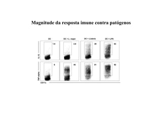 1.9 2.8 29 63
6 45 81 92
DC DC + L. major DC + Listeria DC + LPS
CD11c
IL-12TNF-alpha
Magnitude da resposta imune contra patógenos
 