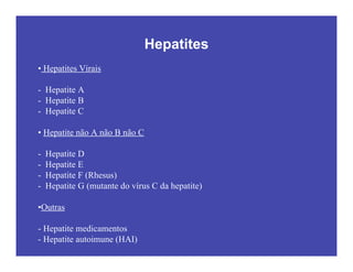 Hepatites
• Hepatites Virais
- Hepatite A
- Hepatite B
- Hepatite C
• Hepatite não A não B não C
- Hepatite D
- Hepatite E
- Hepatite F (Rhesus)
- Hepatite G (mutante do vírus C da hepatite)
•Outras
- Hepatite medicamentos
- Hepatite autoimune (HAI)
 