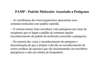 PAMP - Padrão Molecular Associado a Patógenos

- As membranas dos microorganismos apresentam uma
estrutura molecular com padrão repetido.
- O sistema imune inato reconhece estes patógenos por meio de
receptores que se ligam a padrão de estrutura regular
(reconhecimento de padrão de moléculas associado a patógeno).
- Na maioria das vezes o reconhecimento do patógeno e
discriminação do que é próprio é devido ao reconhecimento de
certos resíduos de açúcares que são documentados em micróbios
patogênicos e não em células do hospedeiro.
 