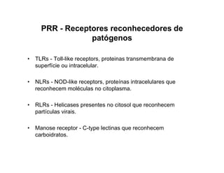 PRR - Receptores reconhecedores de
                  patógenos

•   TLRs - Toll-like receptors, proteinas transmembrana de
    superfície ou intracelular.

•   NLRs - NOD-like receptors, proteínas intracelulares que
    reconhecem moléculas no citoplasma.

•   RLRs - Helicases presentes no citosol que reconhecem
    partículas virais.

•   Manose receptor - C-type lectinas que reconhecem
    carboidratos.
 