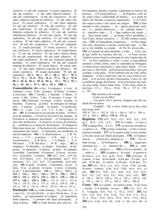 203
restritiva; 8. sub. adv. temporal; 9. coord. explicativa 10.
sub. adj. restritiva; 11. sub. subst. objetiva indireta; 12.
sub. adv. conformativa; 13.sub. adv. concessiva; 14. sub.
subst. subjetiva reduzida de infinitivo; 15. sub. subst. Sub-
jetiva; 16. coord. explicativa; 17. sub. subst. subjetiva;
18. sub. adj. restritiva; 19. sub. adj. restritiva; 20. sub.
adv. condicional; 21. sub. adj. restritiva; 22. sub. subs.
Subjetiva reduzida de infinitivo; 23. sub. adj. restritiva
reduzida de infinitivo; 24. sub. adv. causal; 25. sub. adj.
explicativa; 26. sub. adj. restritiva; 27. sub. subst. objeti-
va direta. 28. sub. subst. subjetiva; 29. sub. adv. consecu-
tiva; 30. sub. adv. comparativa; 31. sub. adv. comparati-
va; 32. oração principal; 33. coord. assindética; 34. co-
ord. conclusiva; 35. coord. explicativa; 36. oração absolu-
ta; 37. sub. adj. restritiva; 38. sub. subst. objetiva direta;
39. sub. adv. proporcional; 40. sub. subst. subjetiva; 41.
sub. subst. predicativa; 42. sub. adv. temporal reduzida de
gerúndio; 43. coord. explicativa; 44. sub. adv. temporal
reduzida de infinitivo; 45. coord. aditiva; 46. coord. aditi-
va; 47. sub. subst. subjetiva reduzida de infinitivo; 48;
coord. conclusiva; 49. oração intercalada; 50. sub. adj.
explicativa. 65. b; 66. e; 67. e; 68. d; 69. c; 70. d;
71. d; 72. e; 73. b; 75.a; 76. a; 77. c; 78. c; 79. b;
80. c; 81. d; 82. c; 83. d; 84. a; 91. c; 92. d; 93. c;
94. a; 95. 96. c; 97. b; 98. d; 99. b; 100. c;
Concordância: 101. a) fez; b) entregou; c) veio; d)
contaram; e) riu; f) foi; g) lemos; h) foram; i) viemos;
j) estiveram; 102. 1. ouviam; 2. bateram; 3. faltam; 4.
veem; 5. hão; 6 deve; 7. faz; 8. ouviram; 9. eram; 10.
houve; 103. a) formais; b) vamos; c) deve; d) pode; e)
encontra; f) precisa; g) entra; h) entregam ou entrega-
mos; i) assumo; j) pode; k) atraem; l) incentivam;
104. 1. é; 2. são; 3. é; 4. é; 5. é; 6. são; 7. são; 8.
são; 105. a) Venderam-se uns pacotes de balas; b) Preci-
sa-se de ajudantes; c) Veem-se uns carros nas estradas; d)
Fizeram-se as despesas necessárias; e) Corrigiram-se os
erros dos professores; f) Leram-se os avisos da diretoria;
g) ... perderam-se as pastas de documentos; h) Alugam-se
belas casas nesta rua; i) Necessita-se de cozinheiras para os
restaurantes dos hotéis; j) Ocorreram uns problemas na
sala de imprensa; 106. 1. A: Realizaram-se ...; 2. B: Ve-
em-se ...; 3. C: ... se precisa ... ; 4. B: ... haja ...; 5. A:
Localizaram-se ...; 6. B: Deve ...; 7. A: Hajam ...; 8. A:
Não havia ...; 9. B: Não deve...; 10. B: ... haja...; 107. a)
simpática; b) absurdas; c) calados – tristonhos; d) dis-
postas; e) espantosa; f) abertas; g) bom; h) culpadas;
i) proibida; j) profunda; k) famosos; l) novos; m) escu-
ro/s; n) inclusas; o) menos; 108. a) C; b) C; c) E (ca-
ros); d) E (meio); e) C; f) E (permitida); g) C; h) E
(inclusas); i) C; j) C; k) C; l) E (proibida); m) E (ane-
xas); 109. a) quite; b) alerta; c) bastantes; d) sós; e)
meia; f) só; g) anexos; h) meias; i) meio; j) mesmas;
k) sós; l) desconhecidos; 110. a ; 111. c; 112. a – d;
113. c; 114. c; 115. c; 116. c; 117. b; 118. c; 119. b;
120. b; 121. a; 122. b; 123. a; 124. b; 125. c; 126. d;
127. b; 128. a; 129. d; 130. c; 131. d; 132. c; 133. b;
134. e; 135. b; 136. c; 137. a; 138. a; 139. b; 140. c;
141. a; 142. a; 143. b; 144. b; 145. b; 146. d; 147. c;
Pontuação: 148. a) ,a todo instante,; b) ,a meu ver,; c)
,a meu ver,; d) ,sem dúvida,; e) ,até o fim do ano,; f) ,ou
melhor,; g) ,representante do colégio,; h) ,engenheiro
desta empresa,; i) ,portanto não fique preocupado.; j)
,dona Aurélia,; 149. a) Tudo fizemos para salvá-lo.; b)
Os estudantes, durante a reunião, explicaram os motivos do
protesto.; c) O jornal publicou ....; d) Ninguém, a não ser
ele, pode evitar a infelicidade da família.; e) o medo do
futuro tem deixado as pessoas angustiadas.; f) Às vezes,
eles saíam à noite e iam visitar uns amigos. 150. a) Para
entender a vida, começou ...; b) ... agiam, pensavam, senti-
am.; c) ... jardim, abaixou-se ...; d) ... opinião, muitos ...;
e) ... repetitivo, logo ...; f) ... fuga, explicou ele, surgiu ...;
g) ... hoje, porém nada ....; g) Sérgio Silva, presidente, e
José Couto, diretor executivo, ...; h) Não conhece muito,
mas...; 151. a) O presidente compareceu ...; b) Eles chega-
ram cedo, discutiram o assunto, resolveram tudo; c) Não
sei se ele trabalha ou estuda; d) Ela foi promovida,...;
152. a) Cansado de tanta falsidade, o velho ...; b) Eu, ain-
da que confie nos homens, não sou ...; c) Frase correta.
Também correto ficaria a colocação de uma vírgula antes do
“e”; d) Nós estudamos o verbo, a crase, a concordância
nominal e verbal, enfim, todos os conteúdos de Português;
e) Ontem houve discussões e, além disso, brigas; f) Vou,
por vezes, a São Paulo; g) Existem pessoas boas, você, por
exemplo, é uma delas; h) Os melhores dias da vida, enfim,
chegaram; i) Ela é muito boa, mas às vezes torna-se irri-
tante; j) As árvores, devido à fotossíntese, a meu ver, são
as melhores amigas do homem; k) Se porventura não reali-
zar meu sonho, ficarei muito triste; l) Em suma, todos fo-
ram bem; 153. c; 154. a; 155.b; 156. c; 157. b; 158.
a; 159.
Mãe encontra com a amiga:
- Como vai seu filho?
- Um gênio. Ele é precoce. Imagine que está an-
dando há seis meses.
- Verdade? – Diz a outra. Então ele já deve estar
bem longe, hein!
160. b; 161. c; 162. d; 163. c; 164. a; 165. c; 166. a;
167. a; 168. c; 169. c; 170. a; 171. a;
Regência: 172. a) E; b) E; c) C; d) E; e) C; f) E;
g) c; h) E; i) E; j) C; 173. b) a todas; c) visar o;
174. a) pague-lhes; c) o vi; 175. a) custa-me reconhecer;
c) aspirar o ar; 176. a) hoje a lamentar; c) Nós o encon-
traremos amanhã; 177. a) Eu queria muito a essa menina;
c) Eu não assisti aos filmes premiados; 178. a) Conduzi-
ram-no ...; c)Você deve obedecer às ...; 179. ... b) a ci-
dade em que ...; d) Notifiquei-o ...; 180. a) ... pagar pon-
tualmente aos ...; c) ... obedecer-lhe ...; 181. a) ... aten-
deu o ...; d) ... chegou à ...; 182. c) Eu já o perdoei; d)
... sofrer a ...; 183. a) aspira a; b) à paz; c) querem a;
d) visou o; e) à; f) a; g) às; h) os; 184. a) de que; b)
a quem; c) que; d) em quem; e) por que; f) a que; g) a
que; h) de que; i) a quem; j) em que; k) de que; l) a
que; 185. a) a; b) a; c) a; d) a; e) no; f) de; g) a/de;
h) nesse; i) para/a; j) de; k) a; l) de; m) a; n) a; o)
por; 186. a) C; b) E; c) C; d) E; e) E; f) C; g) C;
h) C; i) C; j) C; k) E; l) C; m) E; n) E; o) E; 187.
b; 188. c; 189. d; 190. e; 191. a; 192. e; 193. b; 194.
a; 195. a; 196. c; 197. c; 198. a; 199. c; 200. d;
Crase: 201. a) à cidade; b) à praia à noite; f) Às vezes
– à porta; i) À tardinha – às suas...; 202. 1) à; 2) à ; 4)
F; 7) Àquela; 8) F; 9) à – à; 10. à; 13) F; 203. 1) à
2) a; 3) à; 4) à; 5) à; 6) às; 7) à; 8) à; 9. à; 10. à;
11. a; 12) a; 13) à; 14) a; 15) a; 16) a; 17) a; 18) à;
204. a) à – à (a); b) à – há; c) há – à – há; d) a – há; e)
 