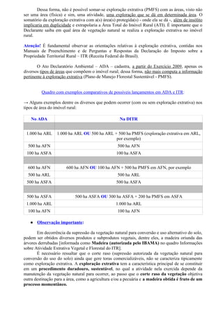 Dessa forma, não é possível somar-se exploração extrativa (PMFS) com as áreas, visto não
ser uma área (física) e sim, uma atividade, uma exploração que se dá em determinada área. O
somatório da exploração extrativa com a(s) área(s) protegida(s) - onde ela se dá -, além de insólito
implicaria em duplicidade e extrapolaria a Área Total do Imóvel Rural (ATI). É importante que o
Declarante saiba em qual área de vegetação natural se realiza a exploração extrativa no imóvel
rural.
Atenção! É fundamental observar as orientações relativas à exploração extrativa, contidas nos
Manuais de Preenchimento e de Perguntas e Respostas da Declaração do Imposto sobre a
Propriedade Territorial Rural – ITR (Receita Federal do Brasil).
O Ato Declaratório Ambiental – ADA – cadastra, a partir do Exercício 2009, apenas os
diversos tipos de áreas que compõem o imóvel rural; dessa forma, não mais computa a informação
pertinente à exploração extrativa (Plano de Manejo Florestal Sustentável - PMFS).
Quadro com exemplos comparativos de possíveis lançamentos em ADA e ITR:
→ Alguns exemplos dentre os diversos que podem ocorrer (com ou sem exploração extrativa) nos
tipos de área do imóvel rural:
No ADA Na DITR
1.000 ha ARL 1.000 ha ARL OU 500 ha ARL + 500 ha PMFS (exploração extrativa em ARL,
por exemplo)
500 ha AFN 500 ha AFN
100 ha ASFA 100 ha ASFA
600 ha AFN 600 ha AFN OU 100 ha AFN + 500 ha PMFS em AFN, por exemplo
500 ha ARL 500 ha ARL
500 ha ASFA 500 ha ASFA
500 ha ASFA 500 ha ASFA OU 300 ha ASFA + 200 ha PMFS em ASFA
1.000 ha ARL 1.000 ha ARL
100 ha AFN 100 ha AFN
 Observação importante:
Em decorrência da supressão da vegetação natural para conversão e uso alternativo do solo,
podem ser obtidos diversos produtos e subprodutos vegetais, dentre eles, a madeira oriunda das
árvores derrubadas [informada como Madeira (autorizada pelo IBAMA) no quadro Informações
sobre Atividade Extrativa Vegetal e Florestal do ITR].
É necessário ressaltar que o corte raso (supressão autorizada da vegetação natural para
conversão do uso do solo) ainda que gere toras comercializáveis, não se caracteriza tipicamente
como exploração extrativa. A exploração extrativa tem a característica principal de se constituir
em um procedimento duradouro, sustentável, no qual a atividade nela exercida depende da
manutenção da vegetação natural para ocorrer, ao passo que o corte raso da vegetação objetiva
outra destinação para a área, como a agricultura e/ou a pecuária e a madeira obtida é fruto de um
processo momentâneo.
 