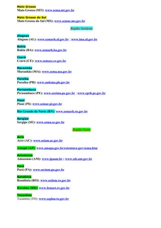 Mato Grosso
Mato Grosso (MT): www.sema.mt.gov.br
Mato Grosso do Sul
Mato Grosso do Sul (MS): www.semac.ms.gov.br
Região Nordeste
Alagoas
Alagoas (AL): www.semarh.al.gov.br ; www.ima.al.gov.br
Bahia
Bahia (BA): www.semarh.ba.gov.br
Ceará
Ceará (CE): www.semace.ce.gov.br
Maranhão
Maranhão (MA): www.sema.ma.gov.br
Paraíba
Paraíba (PB): www.sudema.pb.gov.br
Pernambuco
Pernambuco (PE): www.sectma.pe.gov.br ; www.cprh.pe.gov.br
Piauí
Piauí (PI): www.semar.pi.gov.br
Rio Grande do Norte (RN): www.semarh.rn.gov.br
Sergipe
Sergipe (SE): www.sema.se.gov.br
Região Norte
Acre
Acre (AC): www.seiam.ac.gov.br
Amapá (AP): www.amapa.gov.br/estrutura-gov/sema.htm
Amazonas
Amazonas (AM): www.ipaam.br ; www.sds.am.gov.br
Pará
Pará (PA): www.sectam.pa.gov.br
Rondônia
Rondônia (RO): www.sedam.ro.gov.br
Roraima (RR): www.femact.rr.gov.br
Tocantins
Tocantins (TO): www.seplan.to.gov.br
 