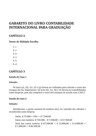 GABARITO DO LIVRO CONTABILIDADE
INTERNACIONAL PARA GRADUAÇÃO

CAPÍTULO 2

Testes de Múltipla Escolha

    1. c
    2. e
    3. b
    4. a
    5. b
    6. d


CAPÍTULO 3
Estudo de Caso 1

Solução:

    Os itens (a), (d), (e), (f) e (g) devem ser utilizados para calcular o custo dos
estoques da Cia. Importacaro. Os itens (b), (c), (h) e (i) devem ser contabilizados
como despesas, pois não compõem o custo dos estoques de acordo com a IAS 2.

Estudo de Caso 2

Solução:

    Inicialmente, a perda anormal da madeira deve ser excluída dos cálculos e
reconhecida como despesa.

      Assim: $ 75.000 × 10% = $ 7.500,00
      Gasto com madeira: $ 750.000 – $ 7.500,00 = $ 67.500,00
      Total dos custos comuns: $ 67.500,00 + $ 12.000,00 + $ 6.000,00 +
      $ 1.000,00 = $ 86.500,00
 