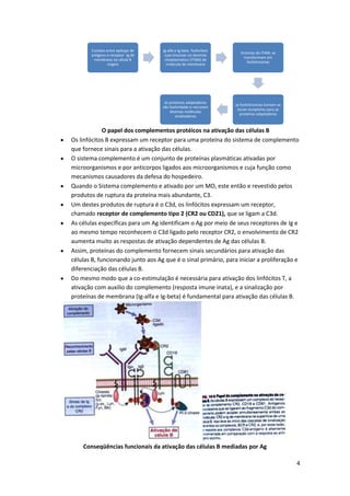 Contato entre epítopo de    Ig-alfa e Ig-beta fosforilam
                                                                     tirosinas do ITAM, se
       antígeno e receptor Ig de    suas tirosinas no domínio
                                                                        transformam em
        membrana na célula B        citoplasmatico (ITAM) da
                                                                          fosfotirosinas
                virgem               molécula de membrana




                                    as proteínas adaptadoras
                                                                  as fosfotirosinas tornam-se
                                   são fosforiladas e recrutam
                                                                   locais receptores para as
                                       diversas moléculas
                                                                    proteínas adaptadoras
                                          sinalizadoras


             O papel dos complementos protéicos na ativação das células B
Os linfócitos B expressam um receptor para uma proteína do sistema de complemento
que fornece sinais para a ativação das células.
O sistema complemento é um conjunto de proteínas plasmáticas ativadas por
microorganismos e por anticorpos ligados aos microorganismos e cuja função como
mecanismos causadores da defesa do hospedeiro.
Quando o Sistema complemento e ativado por um MO, este então e revestido pelos
produtos de ruptura da proteína mais abundante, C3.
Um destes produtos de ruptura é o C3d, os linfócitos expressam um receptor,
chamado receptor de complemento tipo 2 (CR2 ou CD21), que se ligam a C3d.
As células específicas para um Ag identificam o Ag por meio de seus receptores de Ig e
ao mesmo tempo reconhecem o C3d ligado pelo receptor CR2, o envolvimento de CR2
aumenta muito as respostas de ativação dependentes de Ag das células B.
Assim, proteínas do complemento fornecem sinais secundários para ativação das
células B, funcionando junto aos Ag que é o sinal primário, para iniciar a proliferação e
diferenciação das células B.
Do mesmo modo que a co-estimulação é necessária para ativação dos linfócitos T, a
ativação com auxilio do complemento (resposta imune inata), e a sinalização por
proteínas de membrana (Ig-alfa e Ig-beta) é fundamental para ativação das células B.




    Conseqüências funcionais da ativação das células B mediadas por Ag

                                                                                                4
 