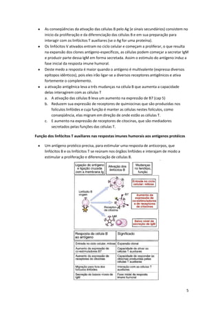 As conseqüências da ativação das células B pelo Ag (e sinais secundários) consistem no
     inicio da proliferação e da diferenciação das células B e em sua preparação para
     interagir com os linfócitos T auxiliares (se o Ag for uma proteína).
     Os linfócitos V ativados entram no ciclo celular e começam a proliferar, o que resulta
     na expansão dos clones antígeno-específicos, as células podem começar a secretar IgM
     e produzir parte dessa IgM em forma secretada. Assim o estimulo do antígeno induz a
     fase inicial da resposta imune humoral.
     Deste medo a resposta é maior quando o antígeno é multivalente (expressa diversos
     epítopos idênticos), pois eles irão ligar-se a diversos receptores antigênicos e ativa
     fortemente o complemento.
     a ativação antigênica leva a três mudanças na célula B que aumenta a capacidade
     delas interagirem com as células T
     a. A ativação das células B leva um aumento na expressão de B7 (cap 5)
     b. Reduzem sua expressão de receptores de quimiocinas que são produzidas nos
          folículos linfóides e cuja função é manter as células nestes folículos, como
          conseqüência, elas migram em direção de onde estão as células T.
     c. E aumento na expressão de receptores de citocinas, que são mediadores
          secretados pelas funções das células T.

Função dos linfócitos T auxiliares nas respostas imunes humorais aos antígenos protéicos

     Um antígeno protéico precisa, para estimular uma resposta de anticorpos, que
     linfócitos B e os linfócitos T se reúnam nos órgãos linfóides e interajam de modo a
     estimular a proliferação e diferenciação de células B.




                                                                                           5
 