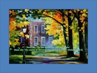 Você diz: “Eu me sinto só e desamparado”Deus diz: “Eu nunca te deixarei nem desampararei” (Hebreus 13:5) (Autor desconhecido) 