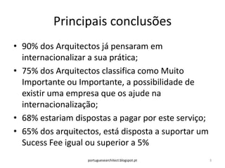Principais conclusões
• 90% dos Arquitectos já pensaram em
  internacionalizar a sua prática;
• 75% dos Arquitectos classifica como Muito
  Importante ou Importante, a possibilidade de
  existir uma empresa que os ajude na
  internacionalização;
• 68% estariam dispostas a pagar por este serviço;
• 65% dos arquitectos, está disposta a suportar um
  Sucess Fee igual ou superior a 5%
                   portuguesearchitect.blogspot.pt   3
 