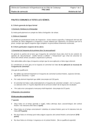 Oficina de Coordinació i d'Organització de les PAU de Catalunya                           Pàgina 1 de 3
                                        PAU 2003
Pautes de correcció                                                                    Història de l’art



PAUTES COMUNES A TOTES LES SÈRIES.

A. Criteris generals de tipus formal

1.Correcció i fluïdesa en el llenguatge.

Es tindrà particularment en compte les faltes d’ortografia i de sintaxi.

2. Ordre en l’exposició

Es qualificarà positivament l’ordre de l’exposició i, d’una manera específica, l’adequació del text del
comentari de l’obra obligatòria a l’esquema o resum elaborat per l’alumne/a a la primera part de la
prova, sempre que aquest esquema sigui completa i no prescindeixi d’elements essencials.

B. Criteris particulars respecte de les obres

1.Comentari de l’esquema de la primera obra i la seva aplicació

En general es parteix de la base que l’esquema de comentari d’una obra d’art ha de contenir els
apartats de “documentació”, “anàlisi formal o estilístic” i “interpretació” que s’han de concretar en
funció del vehicle artístic (escultura, arquitectura o pintura).

Són admissibles altres tipus d’esquema sempre que la seva aplicació a l’obra sigui coherent.

Es considerarà un error greu en la resposta al comentari de l’obra la no aplicació (o escassa) de
l’esquema de comentari.

Una guia de qualificació:

•   No oblida cap element important en l’esquema de comentari (context històric, aspectes formals,
    significats i funcions) = 1 punt.

•   Per cada element important que oblidi: descompte de 0’20 punts

•   El comentari de l’obra s’adiu ordenadament a l’esquema de comentari complet = de 3 a 4 punts.
    La valoració entre 3 i 4 punts dependrà de la correcció verbal i de la riquesa de vocabulari.

•   Per cada error conceptual o mancança molt important= descompte de 0’5 punts

2.Resposta a les qüestions

Si tria una obra arquitectònica

1ª qüestió

•   Situa l’obra en el temps (període o segle), indica almenys dues característiques del context
    històric i els relaciona amb l’obra (1 punt).

•   Situa l’obra en el temps correctament i sintetitza el context històric però no hi relaciona trets de
    l’obra (0’75 punts)

•   No situa l’obra en el temps però indica alguns aspectes del context històric correctament (0’50
    punts)

•   No situa l’obra en el temps i s’equivoca en el context històric . (No es qualifica la qüestió)
 