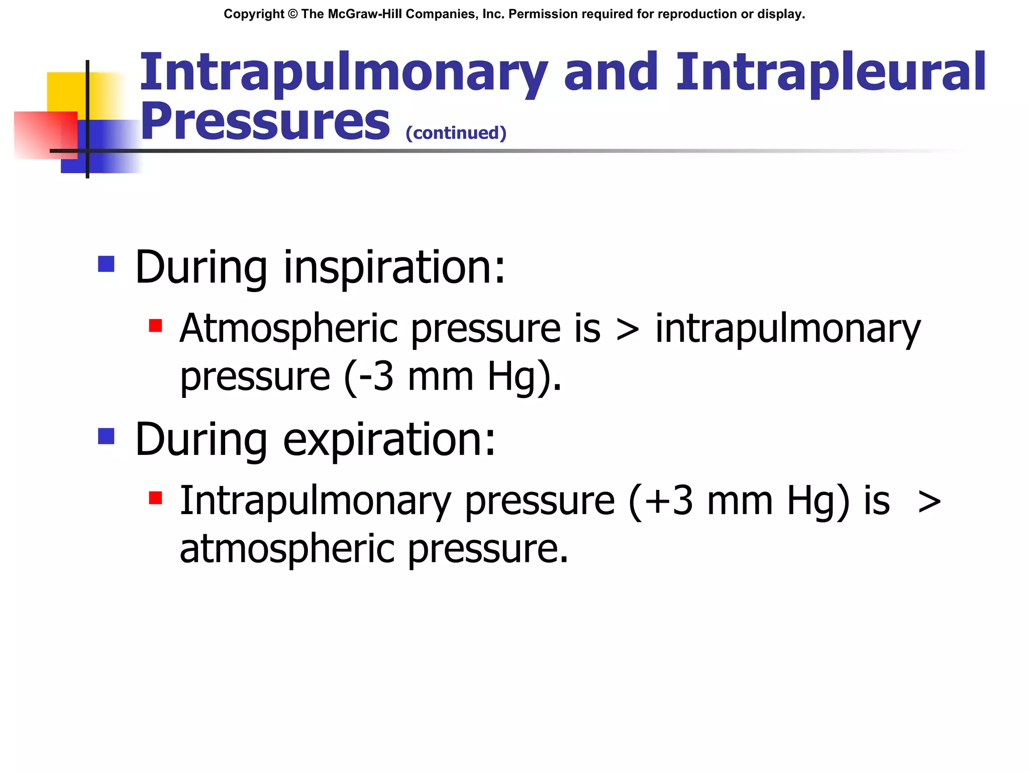 Intrapulmonary and Intrapleural Pressures  (continued) During inspiration: Atmospheric pressure is > intrapulmonary pressure (-3 mm Hg). During expiration: Intrapulmonary pressure (+3 mm Hg) is  > atmospheric pressure. 
