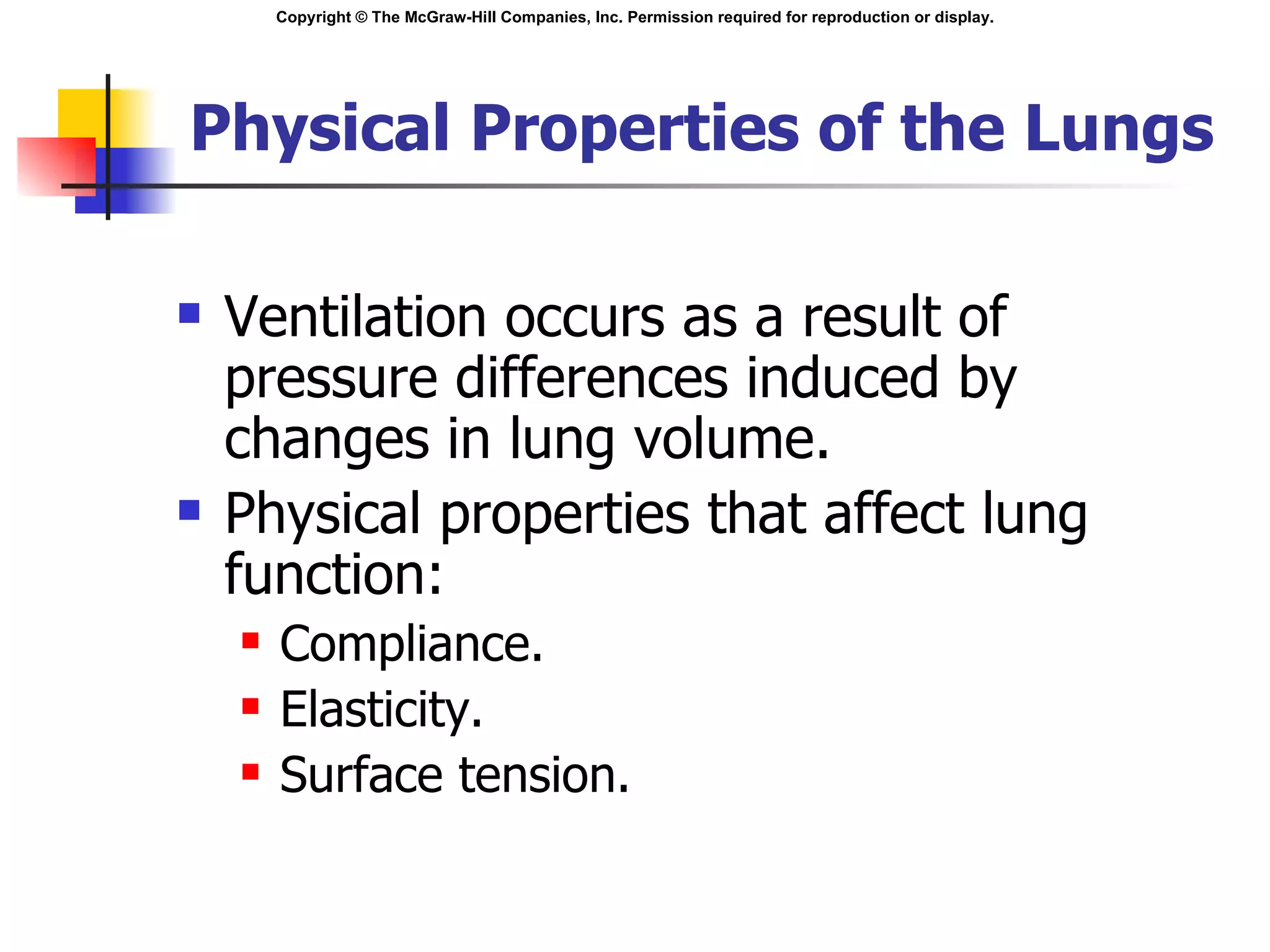 Physical Properties of the Lungs Ventilation occurs as a result of pressure differences induced by changes in lung volume. Physical properties that affect lung function: Compliance. Elasticity.  Surface tension. 