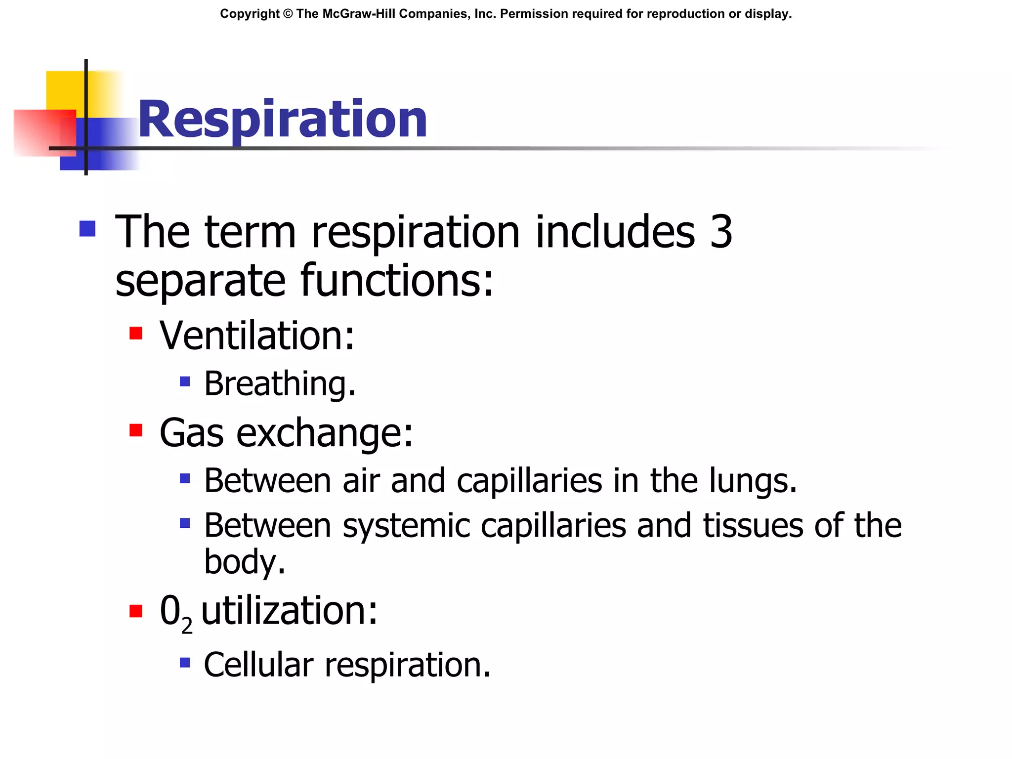 Respiration The term respiration includes 3 separate functions: Ventilation:  Breathing. Gas exchange:  Between air and capillaries in the lungs. Between systemic capillaries and tissues of the body. 0 2  utilization: Cellular respiration. 