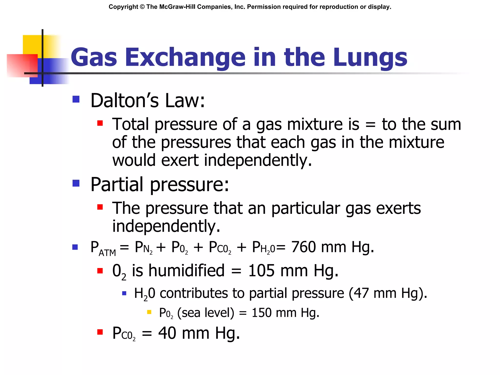 Gas Exchange in the Lungs Dalton’s Law: Total pressure of a gas mixture is = to the sum of the pressures that each gas in the mixture would exert independently. Partial pressure: The pressure that an particular gas exerts independently. P ATM  = P N 2   + P 0 2  + P C0 2  + P H 2 0 = 760 mm Hg. 0 2  is humidified = 105 mm Hg. H 2 0 contributes to partial pressure (47 mm Hg). P 0 2  (sea level) = 150 mm Hg. P C0 2  = 40 mm Hg. 