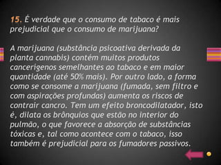 É verdade que o consumo de tabaco é mais
prejudicial que o consumo de marijuana?

A marijuana (substância psicoativa derivada da
planta cannabis) contém muitos produtos
cancerígenos semelhantes ao tabaco e em maior
quantidade (até 50% mais). Por outro lado, a forma
como se consome a marijuana (fumada, sem filtro e
com aspirações profundas) aumenta os riscos de
contrair cancro. Tem um efeito broncodilatador, isto
é, dilata os brônquios que estão no interior do
pulmão, o que favorece a absorção de substâncias
tóxicas e, tal como acontece com o tabaco, isso
também é prejudicial para os fumadores passivos.
 