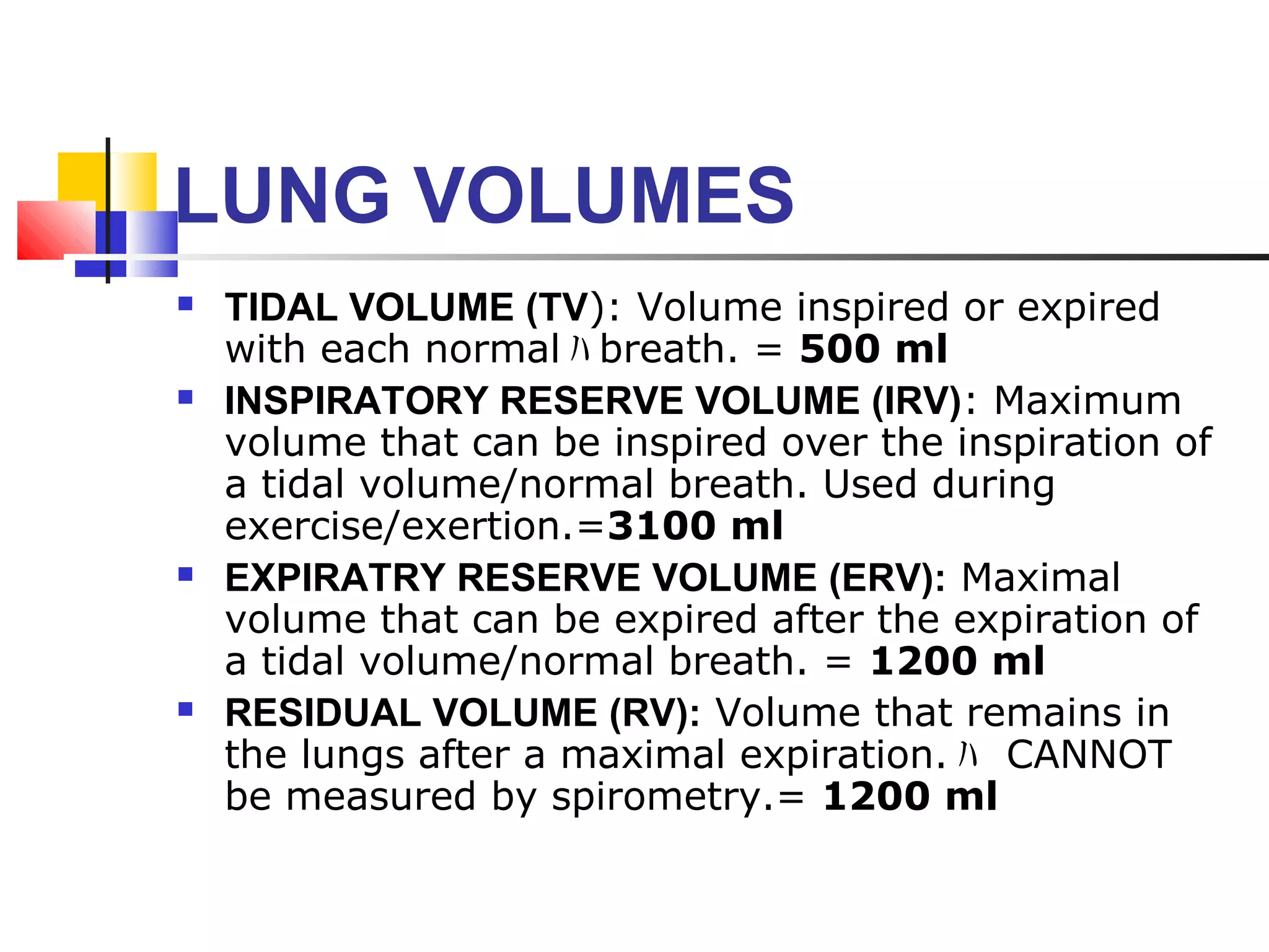 LUNG VOLUMES
 TIDAL VOLUME (TV): Volume inspired or expired
with each normal ﾊ breath. = 500 ml
 INSPIRATORY RESERVE VOLUME (IRV): Maximum
volume that can be inspired over the inspiration of
a tidal volume/normal breath. Used during
exercise/exertion.=3100 ml
 EXPIRATRY RESERVE VOLUME (ERV): Maximal
volume that can be expired after the expiration of
a tidal volume/normal breath. = 1200 ml
 RESIDUAL VOLUME (RV): Volume that remains in
the lungs after a maximal expiration. ﾊ CANNOT
be measured by spirometry.= 1200 ml
 