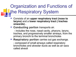 Organization and Functions of
the Respiratory System
 Consists of an upper respiratory tract (nose to
larynx) and a lower respiratory tract ( trachea
onwards) .
 Conducting portion transports air.
- includes the nose, nasal cavity, pharynx, larynx,
trachea, and progressively smaller airways, from the
primary bronchi to the terminal bronchioles
 Respiratory portion carries out gas exchange.
- composed of small airways called respiratory
bronchioles and alveolar ducts as well as air sacs
called alveoli
 