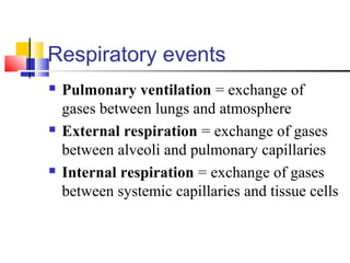 Respiratory events
 Pulmonary ventilation = exchange of
gases between lungs and atmosphere
 External respiration = exchange of gases
between alveoli and pulmonary capillaries
 Internal respiration = exchange of gases
between systemic capillaries and tissue cells
 