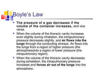 Boyle’s Law
 The pressure of a gas decreases if the
volume of the container increases, and vice
versa.
 When the volume of the thoracic cavity increases
even slightly during inhalation, the intrapulmonary
pressure decreases slightly, and air flows into the
lungs through the conducting airways. Air flows into
the lungs from a region of higher pressure (the
atmosphere)into a region of lower pressure (the
intrapulmonary region).
 When the volume of the thoracic cavity decreases
during exhalation, the intrapulmonary pressure
increases and forces air out of the lungs into the
atmosphere.
 