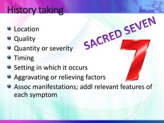 Location
Quality
Quantity or severity
Timing
Setting in which it occurs
Aggravating or relieving factors
Assoc manifestations; addl relevant features of
each symptom
 