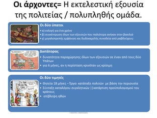 Οι άρχοντες= Η εκτελεστική εξουσία
της πολιτείας / πολυπληθής ομάδα.
Οι δύο ύπατοι
•α) εκλογή για ένα χρόνο
•β) συγκέντρωση όλων των εξουσιών που παλιότερα ανήκαν στον βασιλιά∙
•γ) μεγαλοπρεπής εμφάνιση και δωδεκαμελής συνοδεία από ραβδούχους∙
Δικτάτορας
• δυνατότητα παραχώρησης όλων των εξουσιών σε έναν από τους δύο
Υπάτων
• για 6 μήνες, αν η περίσταση κρινόταν ως κρίσιμη
Οι δύο τιμητές
• Θητεία 18 μήνες – Έργο: κατάταξη πολιτών με βάση την περιουσία
• Σύνταξη καταλόγου συγκλητικών ||κατάρτιση προϋπολογισμού του
κράτους
• επίβλεψη ηθών
Γιάννου Βασιλική
 