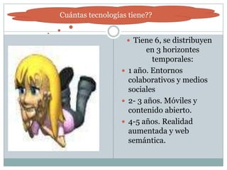 Tiene 6, se distribuyen en 3 horizontes temporales:1 año. Entornos colaborativos y medios sociales2- 3 años. Móviles y contenido abierto.4-5 años. Realidad aumentada y web semántica.Cuántas tecnologías tiene??