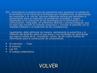 RTL: Centrada en la construcción de autonomía para garantizar la calidad de la formación en el marco de la formación por competencias, el aprendizaje por proyectos y el  uso de  técnicas didácticas activas que estimulan el pensamiento para la resolución de problemas simulados y reales; soportadas en el utilización de las tecnologías de la información y la comunicación, integradas, en ambientes abiertos y pluritecnológicos, que en todo caso recrean el contexto productivo y vinculan al aprendiz con la realidad cotidiana y el desarrollo de las competencias.  Igualmente, debe estimular de manera  permanente la autocrítica y la reflexión del aprendiz sobre el que hacer y los resultados de aprendizaje que logra a través de la  vinculación  activa  de las cuatro fuentes de información para la construcción de conocimiento: El instructor  -  Tutor El entorno Las TIC El trabajo colaborativo VOLVER 