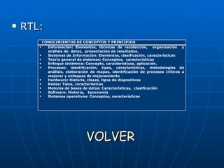 RTL:  VOLVER CONOCIMIENTOS DE CONCEPTOS Y PRINCIPIOS Información: Elementos, técnicas de recolección,  organización  y análisis de  datos,  presentación de resultados. Sistemas de Información: Elementos, clasificación, características  Teoría general de sistemas: Conceptos,  características  Enfoque sistémico: Concepto, características, aplicación. Procesos: identificación, tipos, características, metodologías de análisis, elaboración de mapas, identificación de procesos críticos a mejorar y enfoques de mejoramiento Hardware: Historia, clases, tipos de dispositivos Redes: Tipos, características Motores de bases de datos: Características,  clasificación Software: Historia,  taxonomía Sistemas operativos: Conceptos, características 