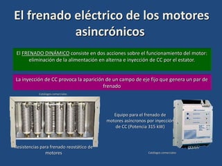 El frenado eléctrico de los motores
asincrónicos
El FRENADO DINÁMICO consiste en dos acciones sobre el funcionamiento del motor:
eliminación de la alimentación en alterna e inyección de CC por el estator.
La inyección de CC provoca la aparición de un campo de eje fijo que genera un par de
frenado
Equipo para el frenado de
motores asíncronos por inyección
de CC (Potencia 315 kW)
Catálogos comerciales
Resistencias para frenado reostático de
motores
Catálogos comerciales
 