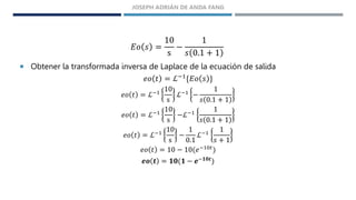 𝐸𝑜 𝑠 =
10
s
−
1
𝑠 0.1 + 1
 Obtener la transformada inversa de Laplace de la ecuación de salida
𝑒𝑜 𝑡 = ℒ−1
{𝐸𝑜 𝑠 }
𝑒𝑜 𝑡 = ℒ−1
10
s
ℒ−1 −
1
𝑠 0.1 + 1
𝑒𝑜 𝑡 = ℒ−1
10
s
−ℒ−1
1
𝑠 0.1 + 1
𝑒𝑜 𝑡 = ℒ−1
10
s
−
1
0.1
ℒ−1
1
𝑠 + 1
𝑒𝑜 𝑡 = 10 − 10(𝑒−10𝑡)
𝒆𝒐 𝒕 = 𝟏𝟎(𝟏 − 𝒆−𝟏𝟎𝒕)
JOSEPH ADRIÁN DE ANDA FANG
 