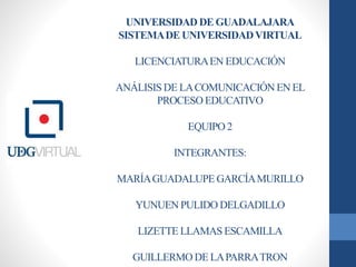 UNIVERSIDAD DE GUADALAJARA 
SISTEMA DE UNIVERSIDAD VIRTUAL 
LICENCIATURA EN EDUCACIÓN 
ANÁLISIS DE LA COMUNICACIÓN EN EL 
PROCESO EDUCATIVO 
EQUIPO 2 
INTEGRANTES: 
MARÍA GUADALUPE GARCÍA MURILLO 
YUNUEN PULIDO DELGADILLO 
LIZETTE LLAMAS ESCAMILLA 
GUILLERMO DE LA PARRA TRON 
 