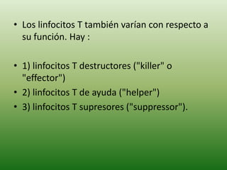 • Los linfocitos T también varían con respecto a
su función. Hay :
• 1) linfocitos T destructores ("killer" o
"effector")
• 2) linfocitos T de ayuda ("helper")
• 3) linfocitos T supresores ("suppressor").

 