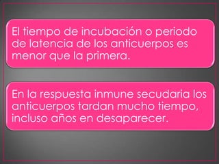 El tiempo de incubación o periodo
de latencia de los anticuerpos es
menor que la primera.


En la respuesta inmune secudaria los
anticuerpos tardan mucho tiempo,
incluso años en desaparecer.
 