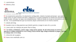 11. asociaciones
R//dilema y Elsa




12. características del voki
R//es totalmente gratuitito, Es altamente configurable, desde el propio personaje -que podrás
elegir entre un gran número de ellos y adaptarlo a tu gusto mediante el cambio de características
como el pelo, los ojos, la ropa y los complementos- hasta el fondo en el que se encuentra o el tipo
de voz , es la posibilidad de que tus lectores dejen comentarios en el mismo sistema
13. diseño del blog
R//cuando creas tu blog aparece que diseño quieres y luego le ases clic y ya esta
14. como subir los trabajos de power Pont al blog
R// te metes a slideshare, pones cagar, luego pones upload de ahí seleccionas el archivo y
aparase el código embebido te vas al blog y busca donde diga código embebido lo pegas y ya esta
tu trabajo esta en le blog
15. dirección de la pagina
R//manu-vero.wednode.com.co
 