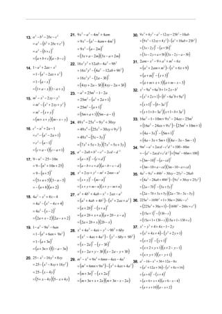21. 9 x − a − 4m + 4am                                     30. 9 x + 4 y − a − 12 xy − 25b − 10ab
                                                    2   2    2                                                 2     2    2              2

13. a − b − 2bc − c
     2   2          2

                                                 = 9 x 2 − (a 2 − 4am + 4m2 )                               = (9 x − 12 xy + 4 y ) − (a + 10ab + 25b 2 )
                                                                                                                  2             2      2

    = a 2 − (b 2 + 2bc + c 2 )
                                                 = 9 x 2 − (a − 2m)                                          = (3x − 2 y ) − (a + 5b)
                                                                     2                                                             2                   2

    = a 2 − (b + c)
                         2


                                                 = (3x + a − 2m)(3x − a + 2m)                                = (3x − 2 y + a + 5b)(3x − 2 y − a − 5b)
    = (a + b + c)(a − b − c)
                                                                                                        31. 2 am − x − 9 + a + m − 6 x
                                                                                                                    2       2   2

                                             22. 16 x y + 12ab − 4a − 9b
                                                     2 2           2     2

14. 1 − a + 2ax − x                                                                                          = (a 2 + 2am + m2 ) − ( x 2 + 6 x + 9)
         2          2

                                                 = 16x 2 y 2 − (4a 2 − 12ab + 9b 2 )
    = 1 − (a − 2ax + x
             2                       2
                                         )                                                                   = (a + m) − ( x + 3)
                                                                                                                               2                   2

                                                 = 16x 2 y 2 − (2a − 3b)
                                                                                2

    = 1 − (a − x )                                                                                           = (a + m + x + 3)(a + m − x − 3)
                     2

                                                 = (4 xy + 2a − 3b)(4 xy − 2a + 3b)
    = (1 + a − x)(1 − a + x )                                                                           32. x − 9a + 6a b + 1 + 2 x − b
                                                                                                             2    4    2                2

                                             23. − a + 25m − 1 − 2a
                                                    2     2

                                                                                                             = ( x 2 + 2 x + 1) − (b 2 − 6a 2b + 9a 4 )
15. m − x − 2 xy − y                             = 25m2 − (a 2 + 2a + 1)
     2   2           2


    = m2 − ( x 2 + 2 xy + y 2 )                                                                              = ( x + 1) − (b − 3a 2 )
                                                                                                                       2                           2

                                                 = 25m2 − (a + 1)
                                                                    2


    = m2 − ( x + y)                                                                                          = ( x + 1 + b − 3a 2 )( x + 1 − b + 3a 2 )
                             2

                                                 = (5m + a + 1)(5m − a − 1)
    = (m + x + y)(m − x − y )                                                                           33. 16a − 1 − 10m + 9 x − 24ax − 25m
                                                                                                               2               2             2

                                             24. 49 x − 25x − 9 y + 30 xy
                                                     4     2     2

                                                                                                             = (16a 2 − 24ax + 9 x 2 ) − (25m2 + 10m + 1)
16. c − a + 2a − 1                               = 49 x 4 − (25x 2 − 30 xy + 9 y 2 )
     2   2

                                                                                                             = (4a − 3x) − (5m + 1)
                                                                                                                                       2                       2

    = c2 − (a 2 − 2a + 1)
                                                 = 49 x 4 − (5x − 3 y )
                                                                            2

                                                                                                             = (4a − 3x + 5m + 1)(4a − 3x − 5m − 1)
    = c2 − (a − 1)                               = (7 x 2 + 5x − 3 y )(7 x 2 − 5x + 3 y )
                         2


                                                                                                        34. 9m − a + 2acd − c d + 100 − 60m
                                                                                                               2    2          2 2

    = (c + a − 1)(c − a + 1)
                                             25. a − 2ab + b − c − 2cd − d                                  = − (a − 2acd + c d ) + (9m2 − 60m + 100)
                                                  2         2   2                           2
                                                                                                                  2          2 2


                                                 = (a − b) − (c + d )                                        = (3m − 10) − (a − cd )
                                                           2                2
17. 9 − n − 25 − 10n
         2                                                                                                                         2                   2


    = 9 − (n + 10n + 25)
             2
                                                 = (a − b + c + d )(a − b − c − d )                          = (3m − 10 + a − cd )(3m − 10 − a + cd )
    = 9 − (n + 5)
                     2
                                             26. x + 2 xy + y − m + 2mn − n
                                                  2          2   2          2
                                                                                                        35. 4a − 9 x + 49b − 30 xy − 25 y − 28ab
                                                                                                               2      2      2                 2



    = (3 + n + 5)(3 − n − 5)                     = ( x + y) − (m − n)                                       = (4a 2 − 28ab + 49b 2 ) − (9 x 2 + 30 xy + 25 y 2 )
                                                           2                2



    = − (n + 8)(n + 2)                           = ( x + y + m − n)( x + y − m + n)                          = (2a − 7b) − (3x + 5 y )
                                                                                                                                   2                       2




                                             27. a + 4b + 4ab − x − 2ax − a
                                                  2    2         2          2
                                                                                                             = (2a − 7b + 3x + 5 y )(2a − 7b − 3x − 5 y )
18. 4a − x + 4 x − 4
      2   2

                                                 = (a + 4ab + 4b ) − ( x + 2ax + a                  )   36. 225a − 169b + 1 + 30a + 26bc − c
                                                      2                 2               2       2               2      2                     2

    = 4a 2 − ( x 2 − 4 x + 4)
                                                                                                             = (225a 2 + 30a + 1) − (169b 2 − 26bc + c 2 )
                                                 = (a + 2b) − ( x + a )
                                                               2                2

    = 4a 2 − ( x − 2)
                                 2

                                                                                                             = (15a + 1) − (13b − c)
                                                 = (a + 2b + x + a )(a + 2b − x − a)
                                                                                                                               2


    = (2a + x − 2)(2a − x + 2)                                                                               = (15a + 1 + 13b − c)(15a + 1 − 13b + c)
                                                 = (2a + 2b + x )(2b − x )
                                                                                                        37. x − y + 4 + 4 x − 1 − 2 y
                                                                                                             2   2
19. 1 − a − 9n − 6an
         2       2

                                             28. x + 4a − 4ax − y − 9b + 6by
                                                  2    2         2    2

    = 1 − (a 2 + 6an + 9n 2 )                                                                                = ( x 2 + 4 x + 4) − ( y 2 + 2 y + 1)
                                                 = ( x 2 − 4ax + 4a 2 ) − ( y 2 − 6by + 9b2 )
    = 1 − (a + 3n)                                                                                           = ( x + 2) − ( y + 1)
                         2                                                                                                 2                   2

                                                 = ( x − 2a ) − ( y − 3b)
                                                               2                    2


    = (a + 3n + 1)(1 − a − 3n)                                                                               = ( x + 2 + y + 1)( x + 2 − y − 1)
                                                 = ( x − 2a + y − 3b)( x − 2a − y + 3b)
                                                                                                             = ( x + y + 3)( x − y + 1)
20. 25 − x − 16 y + 8 xy
          2      2
                                             29. m − x + 9n + 6mn − 4ax − 4a
                                                  2   2    2                 2
                                                                                            38. a − 16 − x + 36 + 12a − 8 x
                                                                                                 2        2

    = 25 − ( x 2 − 8 xy + 16 y 2 )               = (m2 + 6mn + 9n 2 ) − ( x 2 + 4ax + 4a 2 )    = (a + 12a + 36) − ( x 2 + 8 x + 16)
                                                                                                    2


    = 25 − ( x − 4 y )                           = (m + 3n) − ( x + 2a )
                                 2

                                                                                                             = (a + 6) − ( x + 4)
                                                               2                    2                                  2                   2


    = (5 + x − 4 y)(5 − x + 4 y )                = (m + 3n + x + 2a )(m + 3n − x − 2a )                      = (a + 6 + x + 4)(a + 6 − x − 4)
                                                                                                             = (a + x + 10)(a − x + 2)
 