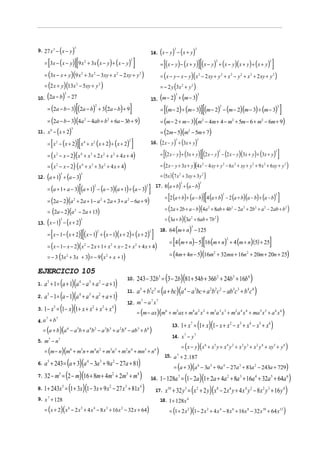 ( )
9. 27 x 3 − x − y
                                         3
                                                              14. ( x − y ) − ( x + y )
                                                                                                                                                      3                        3



   = [3x − ( x − y )][9 x + 3x ( x − y ) + ( x − y ) ]             = [(x − y ) − (x + y )][( x − y ) + ( x − y )( x + y ) + ( x + y ) ]
                                                         2                                                       2                                                                                     2                                                               2



   = (3x − x + y )(9 x + 3x − 3xy + x − 2 xy + y )   2
                                                                   = ( x − y − x − y )( x − 2 xy + y + x − y + x + 2 xy + y )
                                                                         2                           2                       2                                                     2                           2           2           2           2                       2


   = (2 x + y )(13x − 5xy + y )              2
                                                                   = − 2 y (3x + y )
                                                                             2                                                                                 2           2



10. (2a − b) − 27                                             15. (m − 2) + (m − 3)
                             3                                                                                                                        3                            3



    = (2a − b − 3)[(2a − b) + 3 (2a − b) + 9]                      = [(m − 2) + (m − 3)][(m − 2) − (m − 2)(m − 3) + (m − 3) ]
                                                                         2                                                                                                                                 2                                                                       2



    = (2a − b − 3)(4a − 4ab + b + 6a − 3b + 9)           2
                                                                   = (m − 2 + m − 3)(m − 4m + 4 − m + 5m − 6 + m − 6m + 9)
                                                                                         2                                                                                                 2                                   2                               2


11. x − ( x + 2)                                                   = (2m − 5)(m − 5m + 7)
         6                           3
                                                                                                                                                                       2



    = [ x − ( x + 2)][ x + x ( x + 2) + ( x + 2) ]            16. (2 x − y ) + (3x + y )
                                                                                                             2                                         3                           3
                 2                                       4               2



    = ( x − x − 2)( x + x + 2 x + x + 4 x + 4)                     = [(2 x − y ) + (3x + y )][(2 x − y ) − (2 x − y )(3x + y ) + (3x + y ) ]
                                                                                                                                                                                                           2                                                                   2
                 2                               4               3                   2           2


    = ( x − x − 2) ( x + x + 3x + 4 x + 4)
                 2                                   4             = (2 x − y + 3x + y )(4 x − 4 xy + y − 6 x + xy + y + 9 x + 6 xy + y )
                                                                     3               2                                                                                                     2                       2               2                   2           2                   2



12. (a + 1) + (a − 3)
                     3                               3
                                                                   = (5x ) (7 x + 3xy + 3 y )                                                              2                               2


                                                                 17. 8 (a + b) + (a − b)
    = (a + 1 + a − 3)[(a + 1) − (a − 3)(a + 1) + (a − 3) ]
                                                                                                                                                           3                           3
                                                                         2                                                       2


                                                                      = [2 (a + b) + (a − b)][4 (a + b) − 2 (a + b)(a − b) + (a − b) ]
                                                                                                                                                                                                                   2                                                           2

    = (2a − 2)(a + 2a + 1 − a + 2a + 3 + a − 6a + 9)
                                         2                                       2                           2


                                                                      = (2a + 2b + a − b)(4a + 8ab + 4b − 2a + 2b + a − 2ab + b )
    = (2a − 2)(a − 2a + 13)
                                                                                                                                                                                               2                               2           2               2       2                       2
                                         2

                                                                      = (3a + b)(3a + 6ab + 7b )
13. ( x − 1) − ( x + 2)
                                                                                                                                                                           2                       2
                     3                           3


                                                                   18. 64 (m + n) − 125
    = [ x − 1 − ( x + 2)][( x − 1) + (x − 1)( x + 2) + (x + 2) ]
                                                                                                                                                                           3
                                                                             2                                                       2


                                                                         = [4 (m + n) − 5][16 (m + n) + 4 (m + n) (5) + 25]
                                                                                                                                                                                                                       2

    = ( x − 1− x − 2)( x − 2 x + 1 + x + x − 2 + x + 4 x + 4)
                                                         2                                   2                       2


    = − 3 (3x + 3x + 3) = − 9 (x + x + 1)
                                 2                                       = (4m + 4n − 5)(16m + 32mn + 16n + 20m + 20n + 25)
                                                                                         2
                                                                                                                                                                                                   2                                           2




EJERCICIO 105
                                                                                                                         243 − 32b5 = (3 − 2b)(81 + 54b + 36b 2 + 24b 3 + 16b 4 )
           (a + 1)(a − a + a − a + 1)
                                                                                                             10.
1. a 5 + 1 =                                     4               3               2

                                                                                                                         a 5 + b5c5 = (a + bc)(a 4 − a 3bc + a 2b2 c 2 − ab3c 3 + b4 c4 )
2. a − 1 = (a − 1)(a + a + a + a + 1)
                                                                                                             11.
     5                                           4               3               2

                                                                                                             12. m − a x
                                                                                                                  7   7 7

3. 1 − x = (1 − x)(1 + x + x + x + x )
             5                                                       2               3           4
                                                                                                                         = (m − ax)(m6 + m5ax + m4 a 2 x 2 + m3a 3 x 3 + m2 a 4 x 4 + ma 5 x 5 + a 6 x 6 )
4.a + b
    7            7


  = (a + b)(a 6 − a 5b + a 4b 2 − a 3b 3 + a 2b 4 − ab5 + b 6 )
                                                                                                                                                     13. 1 + x 7 =                 (1+ x)(1− x + x                         2
                                                                                                                                                                                                                               − x 3 + x 4 − x5 + x 6 )
                                                                                                                                                     14. x 7 − y 7
5. m7 − n 7
                                                                                                                                                               = ( x − y)( x 6 + x 5 y + x 4 y 2 + x 3 y 3 + x 2 y 4 + xy5 + y 6 )
   = (m − n)(m6 + m5n + m4 n2 + m3n3 + m2n 4 + mn5 + n 6 )
                                                                                                                                               15. a 7 + 2 .187
             (a + 3)(a − 3a + 9a − 27a + 81)
6. a 5 + 243 =                                               4                   3               2
                                                                                                                                                      = (a + 3)(a 6 − 3a 5 + 9a 4 − 27a 3 + 81a 2 − 243a + 729)
7. 32 − m = (2 − m)(16 + 8m + 4m + 2m + m )
                                                                                                                                                           (1− 2a)(1+ 2a + 4a + 8a + 16a + 32a + 64a )
                     5                                                                           2       3               4
                                                                                                                                     16. 1 − 128a 7 =                                                                  2               3                   4           5                   6


8. 1 + 243x = (1 + 3x )(1 − 3x + 9 x − 27 x + 81x )
                         5                                                                   2           3                   4
                                                                                                                                         17.   x10   + 32 y = (x + 2 y )(x − 2 x y + 4 x y − 8 x y + 16 y )
                                                                                                                                                                   5           2                       8                   6                   4 2             2 3                     4

9. x 7 + 128                                                                                                                              18. 1 + 128 x 4
   = (x + 2)( x 6 − 2 x 5 + 4 x 4 − 8 x 3 + 16 x 2 − 32 x + 64)                                                                                  = (1 + 2 x 2 )(1 − 2 x 2 + 4 x 4 − 8 x 6 + 16x 8 − 32 x10 + 64 x12 )
 