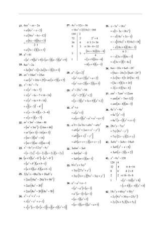 17. 6ax − ax − 2a                                                 27. 4 x 2 + 32 x − 36
       2
                                                                                                                                   35. x − 3x 2 − 18 x 3
    = a (6 x − x − 2)
                    2                                                  = 16 x 2 + 32 ( 4 x ) − 144
                                                                                                                                        = x (1 − 3x − 18 x 2 )
    = a (36 x − 6 x − 12)
                                                                       144             2
                                                                                                                                        = − x (18 x 2 + 3x − 1)
                        2

                                                                                                               22 = 4
        a (6 x − 4)(6 x + 3)
                                                                       72              2
    =                                                                  36              4             4 ⋅ 3⋅ 3 = 36                            [
                                                                                                                                        = − x (18x ) + 3 (18x) − 18
                                                                                                                                                    2
                                                                                                                                                                          ]
                2⋅3
                                                                       9               3           ⇒ 36 − 4 = 32                          − x (18 x + 6)(18 x − 3)
    = a (3x − 2)(2 x + 1)                                                                                                               =
                                                                       3               3           =
                                                                                                       (4 x + 36)(4 x − 4)                          6⋅ 3
18. n 4 − 81                                                                                                       4
                                                                                                                                        = − x (3x + 1)(6x − 1)
    = (n − 9)(n + 9) = (n + 3)(n − 3)(n + 9)                                                       = ( x + 9)(4 x − 4)
                                                                                                                                        = x (3x + 1)(1 − 6x )
            2                       2                         2        1
19. 8ax 2 − 2a                                                                                     = 4 ( x + 9)( x − 1)
                                                                                                                                   36. 6ax − 2bx + 6ab − 2b
    = 2a (4 x 2 − 1) = 2a (2 x − 1)(2 x + 1)
                                                                                                                                                            2




20. ax 3 + 10ax 2 + 25ax
                                                                               (
                                                                  28. a 4 − a + 2              )
                                                                                               2
                                                                                                                                        = (6ax − 2bx ) + (6ab − 2b 2 )
                                                                       = (a + a + 2)(a − a − 2)                                         = 2 x (3a − b) + 2b (3a − b)
    = ax ( x 2 + 10 x + 25) = ax ( x + 5)( x + 5)
                                                                               2                           2


                                                                       = (a + a + 2)(a − 2)(a + 1)
                                                                               2                                                        = (3a − b)(2 x + 2b)
21. x − 6 x − 7 x
     3     2

                                                                                                                                        = 2 ( x + b )(3a − b)
    = x ( x 2 − 6 x − 7)                                          29. x − 25x − 54
                                                                           6               3

                                                                                                                                   37. am − 7am + 12am
    = x ( x 2 − 6 x − 7 + 16 − 16)                                     = ( x 3 − 27)(x 3 + 2)
                                                                                                                                         3     2


                                                                                                                                        = am (m2 − 7m + 12)
    = x ( x 2 − 6 x + 9 − 16)                                          = ( x − 3)( x 2 + 3x + 9)( x 3 + 2)
                                                                                                                                        = am (m − 4)(m − 3)
            [
    = x ( x − 3) − 4 2
                                2
                                             ]                    30. a + a
                                                                           6

                                                                                                                                   38. 4a x − 4a
                                                                                                                                         2 3     2

    = x ( x − 3 + 4)( x − 3 − 4)                                       = a (a 5 + 1)
                                                                                                                                        = 4a 2 ( x 3 − 1)
    = x ( x + 1)( x − 7)                                               = a (a + 1)(a 4 − a 3 + a 2 − a + 1)
                                                                                                                                        = 4a 2 ( x − 1)( x 2 + x + 1)
22. m + 3m − 16m − 48
     3    2

                                                                  31. a b + 2a bx + abx − aby
                                                                           3               2                   2               2

    = (m3 + 3m2 ) − (16m + 48)                                                                                                     39. 28 x y − 7 xy
                                                                                                                                           3         3


                                                                       = ab (a + 2ax + x − y
                                                                                       2                       2       2
                                                                                                                           )            = 7 xy (4 x 2 − y 2 )
    = m2 (m + 3) − 16 (m + 3)
    = (m + 3)(m2 − 16)                                                             [
                                                                       = ab (a + x ) − y 2
                                                                                                       2
                                                                                                               ]                        = 7 xy (2 x − y )(2 x + y )

    = (m + 3)(m − 4)(m + 4)                                            = ab (a + x + y )(a + x − y )                               40. 3abx − 3abx − 18ab
                                                                                                                                           2



23. x − 6 x y + 12 xy − 8 y
     3     2         2      3                                                                                                           = 3ab ( x 2 − x − 6)
                                                                  32. 3abm − 3ab
                                                                          2


    = (x − 2 y ) = (x − 2 y )(x − 2 y )( x − 2 y )
                            3
                                                                       = 3ab (m2 − 1)                                                   = 3ab ( x − 3)( x + 2)

    (           )(
24. a + b a − b − a − b
                        2               2
                                            ) (   2   2
                                                          )            = 3ab (m + 1)(m − 1)                                        41. x 4 − 8 x 2 − 128

    = (a 2 − b 2 )(a + b − 1)                                                                                                          128 4
                                                                  33. 81x y + 3xy
                                                                               4                   4
                                                                                                                                                            4 ⋅ 4 = 16
    = (a + b)(a − b)(a + b − 1)
                                                                                                                                       32  4
                                                                       = 3xy (27 x 3 + y 3 )                                            8       4           4⋅ 2 = 8
25. 32a 5 x − 48a 3bx + 18ab2 x
                                                                       = 3xy (3x + y )(9 x 2 − 3xy + y 2 )                              2         2 ⇒ 16 − 8 = 8
    = 2ax (16a 4 − 24a 2b + 9b 2 )                                                                                                     1            = ( x 2 − 16)( x 2 + 8)
                                                                  34. a 4 − a 3 + a − 1
    = 2ax (4a 2 − 3b)                                                                                                                               = ( x + 4)( x − 4)( x 2 + 8)
                                             2

                                                                       = (a 4 − a 3 ) + (a − 1)
    = 2ax (4a 2 − 3b)(4a 2 − 3b)                                                                                                   42. 18 x y + 60 xy + 50 y
                                                                                                                                           2         2       3

                                                                       = a 3 (a − 1) + (a − 1)
26. x − x + x − x                                                                                                                       = 2 y (9 x 2 + 30 xy + 25 y 2 )
        4       3           2

                                                                       = (a − 1)(a 3 + 1)
    = x ( x − x + x − 1)
                3           2
                                                                                                                                        = 2 y (3x + 5 y )(3x + 5 y )
                                                                       = (a − 1)(a + 1)(a 2 − a + 1)
            [
    = x x ( x − 1) + (x − 1) = x ( x − 1)(x + 1)
                2
                                                  ] [         2
                                                                  ]
 