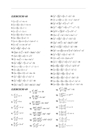 EJERCICIO 68                                                                                                            20.   (x − 2)(x + 5) = x
                                                                                                                                  4                     4                              8
                                                                                                                                                                                               + 3x 4 − 10
                                                                                                                              (                 )(
                                                                                                                        21. 1 − a + b b − a − 1 = − 1 + a 2 − 2ab + b 2        )
   ( )             2
1. x + 2 = x 2 + 4 x + 4

2. ( x + 2)( x + 3) = x + 5x + 6      2
                                                                                                                        22. (a + b )(a − b ) = a − b
                                                                                                                                  x       n                 x              n                   2x            2n



3. ( x + 1)( x − 1) = x − 1       2                                                                                     23. ( x − 8)( x + 9) = x
                                                                                                                                  a +1
                                                                                                                                                     − x − 72   a +1                                2a +2                a +1


4. ( x − 1) = x − 2 x + 1                                                                                               24. (a b + c )(a b − c ) = a b − c
                   2   2                                                                                                          2 2             2                 2 2                    2                 4 4              4


5. (n + 3)(n + 5) = n + 8n + 15                                                                                               (             )
                                      2                                                                                                       3
                                                                                                                        25. 2a + x                    = 8a 3 + 12a 2 x + 6ax 2 + x 3
6. (m − 3)(m + 3) = m − 9
                                                                                                                            (x − 11)(x − 2) = x − 13x + 22
                                          2
                                                                                                                                  2                         2                              4                 2
                                                                                                                        26.
7. (a + b − 1)(a + b + 1) = a + 2ab + b                                                   −1
                                                                                                                        27. (2a − 5b ) = 4a − 20a b + 25b
                                                          2                           2
                                                                                                                                      3             4 2                        6                            3 4                     8

8. (1 + b) = 1 + 3b + 3b + b
                   3                              2           3

                                                                                                                        28. (a + 12 )(a − 15 ) = a − 3a − 180
                                                                                                                                  3                             3                               6                3
9. (a + 4)(a − 4) = a − 16
       2               2                      4

                                                                                                                        29. (m − m + n)(n + m + m ) = m + 2m n + n
                                                                                                                                  2                                                            2              4                 2           2
                                                                                                                                                                                                                                                − m2
10. (3ab − 5x ) = 9a b − 30abx
                           2 2                    2 2                             2
                                                                                          + 25x 4
                                                                                                                        30. ( x + 7)( x − 11) = x − 4 x − 77
                                                                                                                                  4                   4                                8                 4
    ( )(
11. ab + 3 3 − ab = 9 − a 2b 2        )
12. (1 − 4ax )
                       2
                               = 1 − 8ax + 16a 2 x 2
                                                                                                                              (               ) 2
                                                                                                                        31. 11 − ab = 121 − 22ab + a 2b2


13.   (a + 8)(a − 7) = a
           2               2                          4
                                                          + a 2 − 56
                                                                                                                        32.  (x y − 8)(x y + 6) = x y − 2 x y − 48
                                                                                                                                  2 3                           2 3                                 4 6                      2 3


                                                                                                                        33. (a + b)(a − b)(a − b ) = a − 2a b + b
    (          )(          )
                                                                                                                                                                        2              2                 4               2 2            4
14. x + y + 1 x − y − 1 = x 2 − y 2 − 2 y − 1

15. (1 − a )(a + 1) = 1 − a                       2
                                                                                                                        34. ( x + 1)( x − 1)( x − 2) = x − 3x + 2      2                            4                2


16. (m − 8)(m + 12) = m                               2
                                                          + 4m − 96                                                     35. (a + 3)(a + 9)(a − 3) = a − 81
                                                                                                                                                  2                                                     4


17. (x − 1)(x + 3) = x + 2 x − 3
           2               2                      4               2
                                                                                                                        36. ( x + 5)( x − 5)( x + 1) = x − 24 x − 25    2                            4                    2


18. ( x + 6)( x − 8) = x − 2 x − 48
           3               3                          6               3
                                                                                                                            ( )( )( )( )
                                                                                                                        37. a + 1 a − 1 a + 2 a − 2 = a 4 − 5a 2 + 4

19. (5x + 6m ) = 25x + 60 x m + 36m
                           4 2                                                                                          38. (a + 2)(a − 3)(a − 2)(a + 3) = a                                                                 − 13a 2 + 36
               3                                      6                   3       4                8                                                                                                                     4



                                                                                                                                                a 2 x + 2 − 100
EJERCICIO 69                                                                                                                          14.                       = a x + 1 + 10
                                                                      a − 4b
                                                                          2                2
                                                                                                                                                 a x + 1 − 10
                                                              7.              = a − 2b
                                                                       a + 2b
                                                                                                                                                1− 9x 2m + 4
1. x − 1 = x − 1
    2                                                                                                                                                          m+2
                                                                                                                                      15. 1 + 3x m + 2 = 1− 3x
                                                                      25 − 36x                 4
   x +1                                                       8.                = 5 + 6x 2
   1− x 2
                                                                       5 − 6x 2
                                                                                                                                          (x + y ) − z = x + y + z     2           2


2. 1− x = 1+ x
                                                              9.
                                                                      4x − 9m n
                                                                              2
                                                                                 = 2x − 3mn2
                                                                                               2 4                                    16.
                                                                                                                                           (x + y ) − z
                                                                       2x + 3mn2
                                                                                                                                          1 − (a + b)
                                                                                                                                                                               2
   x2 − y2
3. x + y = x − y                                                                                                                                        = 1− a − b
                                                                                                                                          1 + (a + b)
                                                                          36m − 49n x 2            2 4                                17.
                                                              10.                                        = 6m + 7nx 2
                                                                                  6m − 7nx 2
                                                                                                                                          4 − (m + n)
                                                                                                                                                                                   2
      y2 − x2
              = y+x                                               81a 6 − 100b 8                                                                         = 2 − m− n
                                                                                                                                          2 + (m + n)
4.
                                                              11. 9a 3 + 10b 4 = 9a − 10b
                                                                                   3      4                                           18.
       y−x

   x2 − 4                                                                                                                                 x − (x − y)
                                                                                                                                                    2                                  2

5. x + = x − 2                                                    a 4b6 − 4x 8 y10
                                                              12. a 2b 3 + x 4 y 5 = a b + 2x y
                                                                                      2 3    4 5
                                                                                                                                                          =y
                                                                                                                                           x + (x − y)
       2                                                                                                                              19.
                                                                          2
   9 − x4
6. 3 − x 2 = 3 + x
                   2
                                                                          x 2n − y 2n
                                                                                      = xn − y n
                                                                                                                                              (a + x) − 9 = a + x − 3
                                                                                                                                                                    2

                                                              13.          xn + yn                                                    20.
                                                                                                                                              (a + x) + 3
 