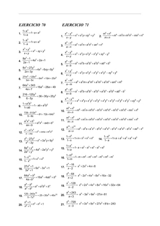 EJERCICIO 70                                         EJERCICIO 71
   1+ a 3
1. 1+ a = 1− a + a
                   2
                                                          x4 − y4                                         m5 + n 5
                                                    1.            = x 3 + x 2 y + xy 2 + y 3         2.            = m4 − m3n + m2n2 − mn3 + n4
                                                           x−y                                             m+n
   1− a 3
2. 1− a = 1+ a + a
                   2
                                                          a 5 − n5
                                                    3.             = a 4 + a 3n + a 2n2 + an3 + n4
                                                           a −n
      x3 + y 3
3.             = x 2 − xy + y 2                           x6 − y6
       x+y                                                        = x 5 − x 4 y + x 3 y 2 − x 2 y 3 + xy 4 − y 5
                                                    4.
                                                           x+y
   8a 3 − 1
4. 2a − 1 = 4a + 2a + 1
              2
                                                          a6 − b6
                                                    5.            = a 5 + a 4b + a 3b 2 + a 2b 3 + ab 4 + b5
                                                           a −b
      8x 3 + 27y 3
                   = 4x 2 − 6xy + 9y 2
5.     2x + 3y                                            x7 + y7
                                                    6.            = x 6 − x 5 y + x 4 y 2 − x 3 y 3 + x 2 y 4 − xy 5 + y 6
                                                           x+y
      27m3 − 125n3
6.                 = 9m2 + 15m + 25n2
        3m − 5n                                           a 7 − m7
                                                    7.             = a 6 + a 5m + a 4m2 + a 3m3 + a 2m4 + am5 + m6
      64a + 343
             3                                             a −m
7.              = 16a 2 − 28a + 49
        4a + 7                                            a 8 − b8
                                                    8.             = a7 − a 6b + a 5b 2 − a 4b 3 + a 3b 4 − a 2b 5 + ab6 − b7
      216 − 125y        3                                  a+b
8.               = 36 + 30y + 25y 2
        6 − 5y                                            x10 − y10
                                                    9.              = x 9 + x 8 y + x 7 y 2 + x 6 y 3 + x 5 y 4 + x 4 y 5 + x 3 y 6 + x 2 y 7 + xy 8 + y 9
     1 +a b  3 3                                            x−y
9.          = 1− ab + a 2b 2
      1+ ab                                                m9 + n9
                                                    10.            = m8 − m7n + m6n2 − m5n3 + m4n4 − m3n5 + m2n6 − mn7 + n8
       729 − 512b       3                                   m+n
10.               = 81+ 72b + 64b 2
          9 − 8b
                                                           m9 − n9
                                                    11.            = m8 + m7n + m6n2 + m5n3 + m4n4 + m3n5 + m2n6 + mn7 + n8
   a 3x3 + b3                                               m−n
11. ax + b = a x − axb + b
              2 2          2


                                                           a10 − x10
    n3 − m3 x 3                                     12.              = a 9 − a 8 x + a 7 x 2 − a 6 x 3 + a 5 x 4 − a 4 x 5 + a 3 x 6 − a 2 x 7 + ax 8 − x 9
                                                             a+x
12. n − mx = n + nmx + m x
                2       2 2


                                                        1− n5                                           1− a 6
                                                    13. 1− n = 1+ n + n + n + n                     14. 1− a = 1+ a + a + a + a + a
                                                                       2   3   4                                       2   3   4    5
    x 6 − 27y 3
13. x 2 − y = x + 3x y + 9y
                4   2       2

           3
                                                        1+ a 7
                                                    15. 1+ a = 1− a + a − a + a − a + a
                                                                       2   3   4   5    6
    8a 9 + y 9
14. 2a 3 + y 3 = 4a − 2a y + y
                   6    3 3    6


                                                        1− m8
    1− x12                                          16. 1+ m = 1− m + m − m + m − m + m − m
                                                                       2   3   4   5   6   7

15. 1− x 4 = 1+ x + x
                 4    8



                                                           x 4 − 16
    27x 6 + 1                                       17.             = x 3 + 2x 2 + 4x + 8
16. 3x 2 + 1 = 9x − 3x + 1
                 4    2
                                                            x−2

                                                           x 6 − 64
   64a 3 + b9                                       18.             = x 5 − 2x 4 + 4x 3 − 8x 2 + 16x − 32
17. 4a + b3 = 16a − 4ab + b
                 2     3    6
                                                             x+2

                                                           x 7 − 128
    a 6 − b6                                                         = x 6 + 2x 5 + 4x 4 + 8x 3 + 16x 2 + 32x + 64
18. a 2 − b2 = a + a b + b
                4   2 2    4                        19.       x−2

       125 − 343 x15                                       a 5 + 243
                            = 25 + 35x 5 + 49 x10   20.              = a 4 − 3a 3 + 9a 2 − 27a + 81
19.          5 − 7x 5                                         a+3

    n +1 4 2
         6                                                 x 6 − 729
20. n2 + = n − n + 1                                21.              = x 5 + 3x 4 + 9x 3 + 27x 2 + 81x + 243
        1                                                     x−3
 