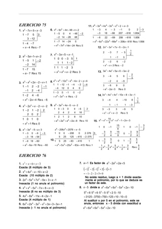 EJERCICIO 75                                                                              11. x 6 − 3x 5 + 4x 4 − 3x 3 − x 2 + 2 ÷ x + 3
1. x − 7 x + 5 ÷ x − 3
       2                         6. n4 − 5n3 + 4n − 48 ÷ n + 2                                  1    −3         4           − 3          −1           0               2 −3
                                    1 −5 0      4 − 48                        −2                     −3        18           − 66        207       − 618           1. 854
   1 −7 5 3
                                      − 2 14 − 28   48                                          1    −6           22        − 69        206       − 618           1. 856
      3 − 12
                                    1 − 7 14 − 24                     0                         = x 5 − 6x 4 + 22x 3 − 69x 2 + 206x − 618 Re s. 1. 856
   1 −4 −7
                                     = n3 − 7n2 + 14n − 24 Re s. 0
   = x − 4 Re s. − 7                                                                                 12. 2x 3 − 3x 2 + 7x − 5 ÷ 2x − 1
                                                                                                                                                          1
                                                                                                           2           −3          7       − 5
                                 7. x − 3x + 5 ÷ x − 1
                                     4                                                                                                                    2
2. a − 5a + 1÷ a + 2
       2
                                                                                                                        1          −1         3
                                    1 0 0 −3 5 1
   1 −5 1 −2                                                                                               2           −2          6        −2
                                       1 1 1 −2
     − 2 14                                                                                                = x 2 − x + 3 Re s. − 2
                                    1 1 1 −2                  3
   1 − 7 15
                                                                                                     13. 3a − 4a + 5a + 6 ÷ 3a + 2
                                                                                                           3    2

   = a − 7 Re s. 15                  = x 3 + x 2 + x − 2 Re s. 3
                                                                                                                                                              2
                                                                                                           3           −4          5          6       −
                                                                                                                                                              3
                                 8. x + x − 12x − x − 4x − 2 ÷ x + 4                                                   −2                  −6
                                     5   4     3   2
                                                                                                                                   4
3. x − x + 2x − 2 ÷ x + 1
    3   2
                                   1      1 − 12 − 1          −4          −2        −4                     3           −6          9          0
   1 −1 2 − 2        −1
                                        − 4 12 0               4           0                               = a 2 − 2a + 3               Re s. 0
      −1 2 − 4
                                   1 −3        0       −1         0       −2
   1 −2            4 −6                                                                              14. 3x − 4x + 4x − 10x + 8 ÷ 3x − 1
                                                                                                           4    3    2

                                    = x 4 − 3x 3 − x Re s. − 2
                                                                                                                                                                     1
    = x − 2x + 4 Re s. − 6
           2
                                                                                                          3            −4          4        − 10              8
                                                                                                                                                                     3
                                 9. a 5 − 3a 3 + 4a − 6 ÷ a − 2                                                         1      −1                 1       −3
4. x 3 − 2x 2 + x − 2 ÷ x − 2
                                    1      0 −3         0          4      −6          2                   3        −3              3        −9                5
   1 −2 1 −2             2
                                           2   4        2          4       16                             = x3 − x2 + x − 3                Re s. 5
           2   0     2
                                    1      2   1        2          8       10
   1       0   1     0                                                                                                 15
                                                                                                 15. x − x + 8 x + x − 1 ÷ 2x + 3
                                                                                                      6   4     3   2
                                     = a 4 + 2a 3 + a 2 + 2a + 8 Re s. 10
    = x + 1 Re s. 0
           2
                                                                                                                                 15                                              3
                                                                                                      1       0        −1                     1           0        −1        −
5. a 3 − 3a 2 − 6 ÷ a + 3              x 5 − 208 x 2 + 2076 ÷ x − 5                                                               8                                              2
                                                                                                              3         9        15                       3          9
   1 −3 0 −6                −3         1   0       0    − 208             0         2 . 076      5        −                    −              0       −
                                                                                                              2         4         8                       2          4
     − 3 18 − 54                           5       25       125        − 415 − 2 . 075
                                 10. 1                                                                        3         5                                 3         5
   1 − 6 18 − 60                           5       25       − 83       − 415              1           1 −                              0      1       −
                                                                                                              2         4                                 2         4
    = a 2 − 6a + 18 Re s. − 60         = x 4 + 5 x 3 + 25x 2 − 83x − 415 Re s. 1                          1 5 3 4 5 3 1    3                                             5
                                                                                                      =     x − x + x + x−                                    Re s.
                                                                                                          2    4   8   2   4                                             4

EJERCICIO 76
1. x 2 − x − 6 ÷ x − 3                                                     7. a +1 Es factor de a 3 − 2a 2 + 2a + 5
Exacta (6 múltiplo de 3)
                                                                                   (− 1)  3
                                                                                              − 2(− 1) + 2(− 1) + 5
                                                                                                     2

2. x + 4x − x − 10 ÷ x + 2
       3       2
                                                                                   = − 1− 2 − 2 + 5 = 0
Exacta (10 múltiplo de 2)
                                                                                    No existe residuo, luego a + 1 divide exacta-
3. 2x 4 − 5x3 + 7x2 − 9x + 3 ÷ x − 1                                                mente al polinomio, por lo que se deduce es
Inexacta (1 no anula el polinomio)                                                  un factor de este.
4. x 5 + x 4 − 5x 3 − 7x + 8 ÷ x + 3                                       8. x − 5 divide a x 5 + 6x 4 + 6x 3 − 5x 2 + 2x − 10
Inexacta (8 no es múltiplo de 3)                                                   55 + 6 ⋅ 5 4 + 6 ⋅ 53 − 5 ⋅ 52 + 2 ⋅ 5 − 10
5. 4x3 − 8x 2 − 11x − 4 ÷ 2x − 1                                                   = 3125 − 3750 + 750 + 125 + 10 − 10 = 0
Exacta (4 múltiplo de 1)                                                           Al sustituir x por 5 en el polinomio, este se
6. 6x 5 + 2x 4 − 3x 3 − x2 + 3x + 3 ÷ 3x + 1                                       anula, entonces x - 5 divide con exactitud a
Inexacta (- 1 no anula el polinomio)                                               x 5 + 6x 4 + 6x 3 − 5x 2 + 2x − 10
 