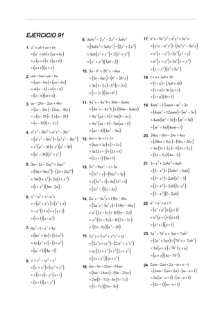 EJERCICIO 91
                                                                                                17. n x − 5a y − n y + 5a x
                                                                                                      2        2   2    2   2       2
                                               9. 3abx − 2 y − 2 x + 3aby
                                                            2    2        2            2



1. a 2 + ab + ax + bx                              = (3abx 2 + 3aby 2 ) − (2 y 2 + 2 x 2 )          = (n 2 x − n 2 y 2 ) − (5a 2 y 2 − 5a 2 x )
   = (a 2 + ab) + (ax + bx )                       = 3ab (x 2 + y 2 ) − 2 (x 2 + y 2 )              = n 2 ( x − y 2 ) − 5a 2 ( y 2 − x )
   = a (a + b) + x (a + b)                         = (x 2 + y 2 )(3ab − 2)                          = n 2 ( x − y 2 ) + 5a 2 (x − y 2 )
   = (a + b)(a + x )                                                                                = ( x − y 2 )(n 2 + 5a 2 )
                                               10. 3a − b + 2b x − 6ax
                                                         2    2


2. am − bm + an − bn                                = (3a − 6ax) − (b 2 − 2b 2 x)               18. 1 + a + 3ab + 3b
   = (am − bm) + (an − bn)                                                                          = (1 + a ) + (3ab + 3b)
                                                    = 3a (1 − 2 x ) − b 2 (1 − 2 x )
   = m (a − b) + n (a − b)                                                                          = (1 + a ) + 3b (a + 1)
                                                    = (1 − 2 x )(3a − b 2 )
   = (a − b)(m + n)                                                                                 = (1 + a )(3b + 1)
                                               11. 4a x − 4a b + 3bm − 3amx
                                                     3      2
3. ax − 2bx − 2ay + 4by                                                                         19. 4am − 12amn − m + 3n
                                                                                                          3                     2

   = (ax − 2bx ) − (2ay − 4by )                     = (4a 3 x − 4a 2b ) + (3bm − 3amx )
                                                                                                    = (4am3 − 12amn) − (m2 − 3n)
   = x (a − 2b) − 2 y (a − 2b)                      = 4a 2 (ax − b) + 3m (b − ax )
                                                                                                    = 4am (m2 − 3n) − (m2 − 3n)
   = (a − 2b)( x − 2 y )                            = 4a 2 (ax − b) − 3m (ax − b)
                                                                                                    = (m2 − 3n)(4am − 1)
                                                    = (ax − b)(4a 2 − 3m)
4. a x − 3bx + a y − 3by
     2   2       2      2      2     2

                                                                                                20. 20ax − 5bx − 2by + 8ay
   = (a 2 x 2 − 3bx 2 ) + (a 2 y 2 − 3by 2 )   12. 6ax + 3a + 1 + 2 x
                                                                                                    = (20ax + 8ay) − (5bx + 2by )
                                                    = (6ax + 3a ) + (1 + 2 x )
   = x 2 (a 2 − 3b) + y 2 (a 2 − 3b)                                                                = 4a (5x + 2 y ) − b (5x + 2 y)
                                                    = 3a (2 x + 1) + (2 x + 1)
   = (a 2 − 3b)( x 2 + y 2 )                                                                        = (5x + 2 y )(4a − b)
                                                    = (2 x + 1) (3a + 1)
5. 3m − 2n − 2nx 4 + 3mx 4                                                                      21. 3 − x 2 + 2abx 2 − 6ab
                                               13. 3x − 9ax − x + 3a
                                                     3     2

   = (3m + 3mx 4 ) − (2n + 2nx 4 )                                                                  = (3 − x 2 ) + (2abx 2 − 6ab)
                                                    = (3x 3 − x ) − (9ax 2 − 3a )
   = 3m (1 + x 4 ) − 2n (1 + x 4 )                                                                  = (3 − x 2 ) + 2ab (x 2 − 3)
                                                    = x (3x 2 − 1) − 3a (3x 2 − 1)
   = (1 + x 4 )(3m − 2n)                                                                            = (3 − x 2 ) − 2ab (3 − x 2 )
                                                    = (3x 2 − 1)( x − 3a )
                                                                                                    = (3 − x 2 )(1 − 2ab)
6. x − a + x − a x
    2   2       2
                                               14. 2a x − 5a y + 15by − 6bx
                                                        2        2


   = − (a 2 + a 2 x) + ( x 2 + x )                  = (2a 2 x − 5a 2 y ) + (15by − 6bx)
                                                                                                22. a + a + a + 1
                                                                                                     3   2



   = − a 2 (1 + x) + x ( x + 1)                                                                     = (a 3 + a 2 ) + (a + 1)
                                                    = a 2 (2 x − 5 y ) + 3b (5 y − 2 x )
   = ( x + 1)( x − a 2 )                                                                            = a 2 (a + 1) + (a + 1)
                                                    = a 2 (2 x − 5 y) − 3b (2 x − 5 y )
                                                                                                    = (a 2 + 1)(a + 1)
7. 4 a 3 − 1 − a 2 + 4a                             = (2 x − 5 y )(a 2 − 3b)

   = (4a 3 + 4a ) − (1 + a 2 )                 15. 2 x 2 y + 2 xz 2 + y 2 z 2 + xy 3
                                                                                                23. 3a 2 − 7b 2 x + 3ax − 7ab 2
                                                                                                    = (3a 2 + 3ax ) − (7b 2 x + 7ab 2 )
   = 4a (a 2 + 1) − (1 + a 2 )                      = (2 x 2 y + xy 3 ) + (2 xz 2 + y 2 z 2 )
                                                                                                    = 3a (a + x ) − 7b 2 ( x + a )
   = (a 2 + 1)(4a − 1)                              = xy (2 x + y 2 ) + z 2 (2 x + y 2 )
                                                                                                    = (a + x )(3a − 7b 2 )
                                                    = (2 x + y 2 )( xy + z 2 )
8. x + x − xy − y
             2    2        2

                                                                                                24. 2am − 2an + 2a − m + n − 1
   = ( x + x 2 ) − ( xy 2 + y 2 )              16. 6m − 9n + 21nx − 14mx
                                                                                                    = (2am − 2an + 2a ) − (m − n + 1)
                                                    = (6m − 14mx ) − (9n − 21nx )
   = x (1 + x ) − y 2 ( x + 1)
                                                                                                    = 2a (m − n + 1) − (m − n + 1)
                                                    = 2m (3 − 7 x ) − 3n (3 − 7 x )
   = ( x + 1)( x − y 2 )                                                                            = (2a − 1)(m − n + 1)
                                                    = (3 − 7 x )(2m − 3n)
 
