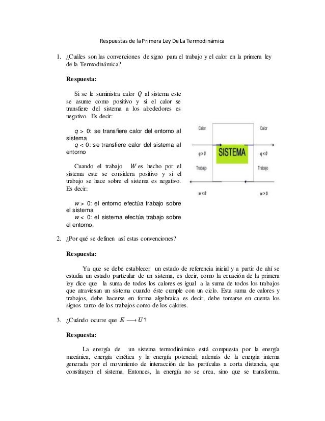 Respuestas De La Primera Ley De La Termodinámica