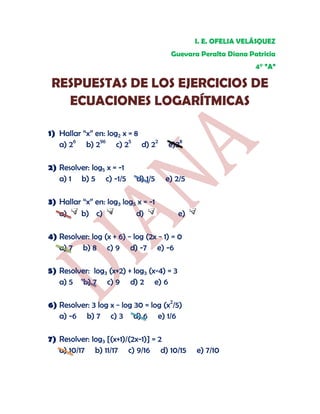 I. E. OFELIA VELÁSQUEZ
Guevara Peralta Diana Patricia
4° ”A”

RESPUESTAS DE LOS EJERCICIOS DE
ECUACIONES LOGARÍTMICAS
1) Hallar “x” en: log2 x = 8
a) 26 b) 296 c) 25 d) 22
2) Resolver: log5 x = -1
a) 1 b) 5 c) -1/5

d) 1/5

e)28

e) 2/5

3) Hallar “x” en: log3 log5 x = -1
8
3
5
a) √ b) c) √
d) √
3

3

5

7
e) √
3

4) Resolver: log (x + 6) − log (2x − 1) = 0
a) 7 b) 8 c) 9 d) -7 e) -6
5) Resolver: log3 (x+2) + log3 (x-4) = 3
a) 5 b) 7 c) 9 d) 2 e) 6
6) Resolver: 3 log x − log 30 = log (x2/5)
a) -6 b) 7 c) 3 d) 6 e) 1/6
7) Resolver: log3 [(x+1)/(2x-1)] = 2
a) 10/17 b) 11/17 c) 9/16 d) 10/15

e) 7/10

 