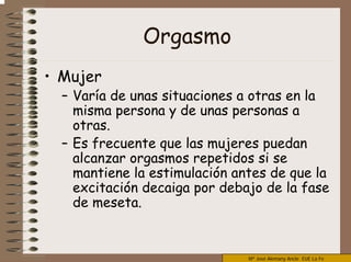 Mª José Alemany Ancle EUE La Fe
Orgasmo
• Mujer
– Varía de unas situaciones a otras en la
misma persona y de unas personas a
otras.
– Es frecuente que las mujeres puedan
alcanzar orgasmos repetidos si se
mantiene la estimulación antes de que la
excitación decaiga por debajo de la fase
de meseta.
 