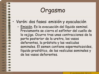 Mª José Alemany Ancle EUE La Fe
Orgasmo
• Varón: dos fases: emisión y eyaculación
– Emisión. Es la evacuación del líquido seminal.
Previamente se cierra el esfínter del cuello de
la vejiga. Ocurre tras unas contracciones de la
parte posterior de la uretra, los vasos
deferentes, la próstata y las vesículas
seminales. El semen contiene espermatozoides,
líquido prostático, de las vesículas seminales y
de los vasos deferentes.
 