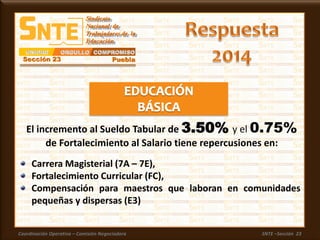 Coordinación Operativa – Comisión Negociadora SNTE –Sección 23
Carrera Magisterial (7A – 7E),
Fortalecimiento Curricular (FC),
Compensación para maestros que laboran en comunidades
pequeñas y dispersas (E3)
El incremento al Sueldo Tabular de 3.50% y el 0.75%
de Fortalecimiento al Salario tiene repercusiones en:
 