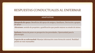 RESPUESTAS CONDUCTUALES AL ENFERMAR
ADAPTATIVAS
Búsqueda de apoyo: Beneficios del apoyo de amigos y familiares, Derivación a grupos
de apoyo
Altruismo: sentido de propósito y gratificación que puede mejorar su estado de ánimo
Epifanía: forma de poner en perspectiva las prioridades, Oportunidad para la
psicoterapia
Experto de su enfermedad: Manejar información como forma de control. Realidad
puede ser más manejables
 