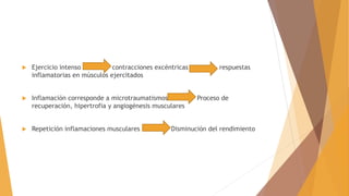  Ejercicio intenso contracciones excéntricas respuestas
inflamatorias en músculos ejercitados
 Inflamación corresponde a microtraumatismos Proceso de
recuperación, hipertrofia y angiogénesis musculares
 Repetición inflamaciones musculares Disminución del rendimiento
 