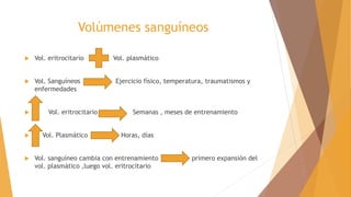 Volúmenes sanguíneos
 Vol. eritrocitario Vol. plasmático
 Vol. Sanguíneos Ejercicio físico, temperatura, traumatismos y
enfermedades
 Vol. eritrocitario Semanas , meses de entrenamiento
 Vol. Plasmático Horas, días
 Vol. sanguíneo cambia con entrenamiento primero expansión del
vol. plasmático ,luego vol. eritrocitario
 