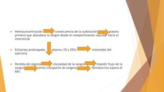  Hemoconcentración consecuencia de la sudoración plasma
primero que abandona la sangre desde el compartimiento vascular hacia el
intersticial
 Esfuerzos prolongados plasma (10 y 20%) intensidad del
ejercicio
 Perdida del plasma viscosidad de la sangre impedir flujo de la
sangre limita transporte de oxigeno Hematocrito supera el
60%
 