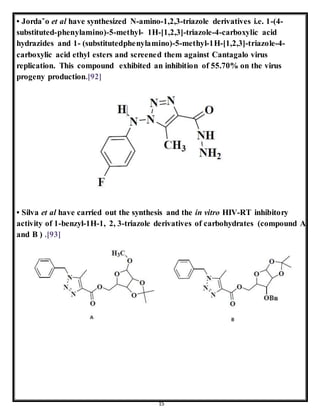 15
• Jorda˜o et al have synthesized N-amino-1,2,3-triazole derivatives i.e. 1-(4-
substituted-phenylamino)-5-methyl- 1H-[1,2,3]-triazole-4-carboxylic acid
hydrazides and 1- (substitutedphenylamino)-5-methyl-1H-[1,2,3]-triazole-4-
carboxylic acid ethyl esters and screened them against Cantagalo virus
replication. This compound exhibited an inhibition of 55.70% on the virus
progeny production.[92]
• Silva et al have carried out the synthesis and the in vitro HIV-RT inhibitory
activity of 1-benzyl-1H-1, 2, 3-triazole derivatives of carbohydrates (compound A
and B ) .[93]
 
